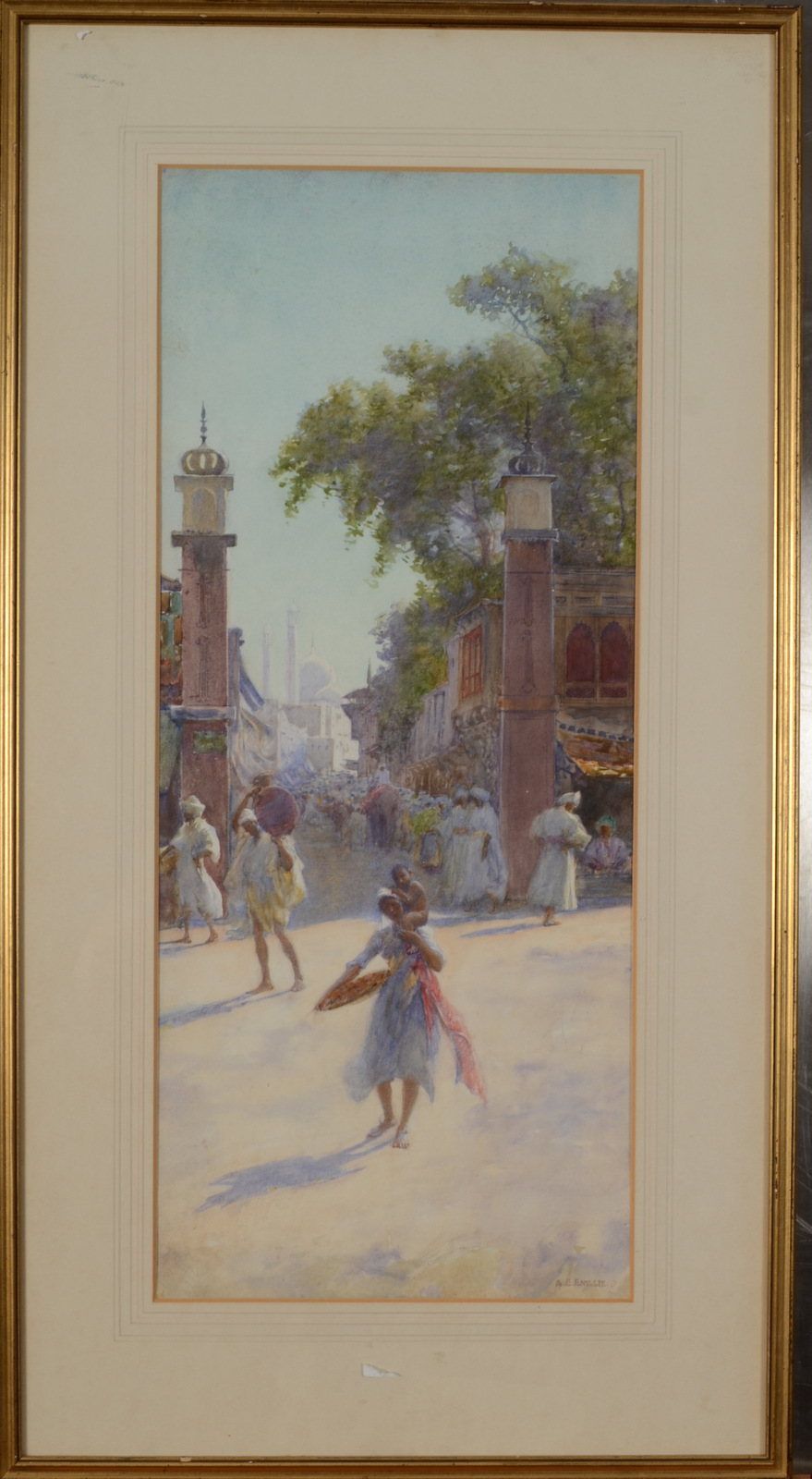 ALFRED EDWARD EMSLIE Eastern market scene Watercolour Signed 62 x 26cm - Image 2 of 2