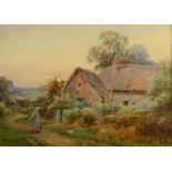 HENRY JOHN SYLVESTER STANNARD A girl outside a thatched cottage Watercolour Signed 25 x 35cm