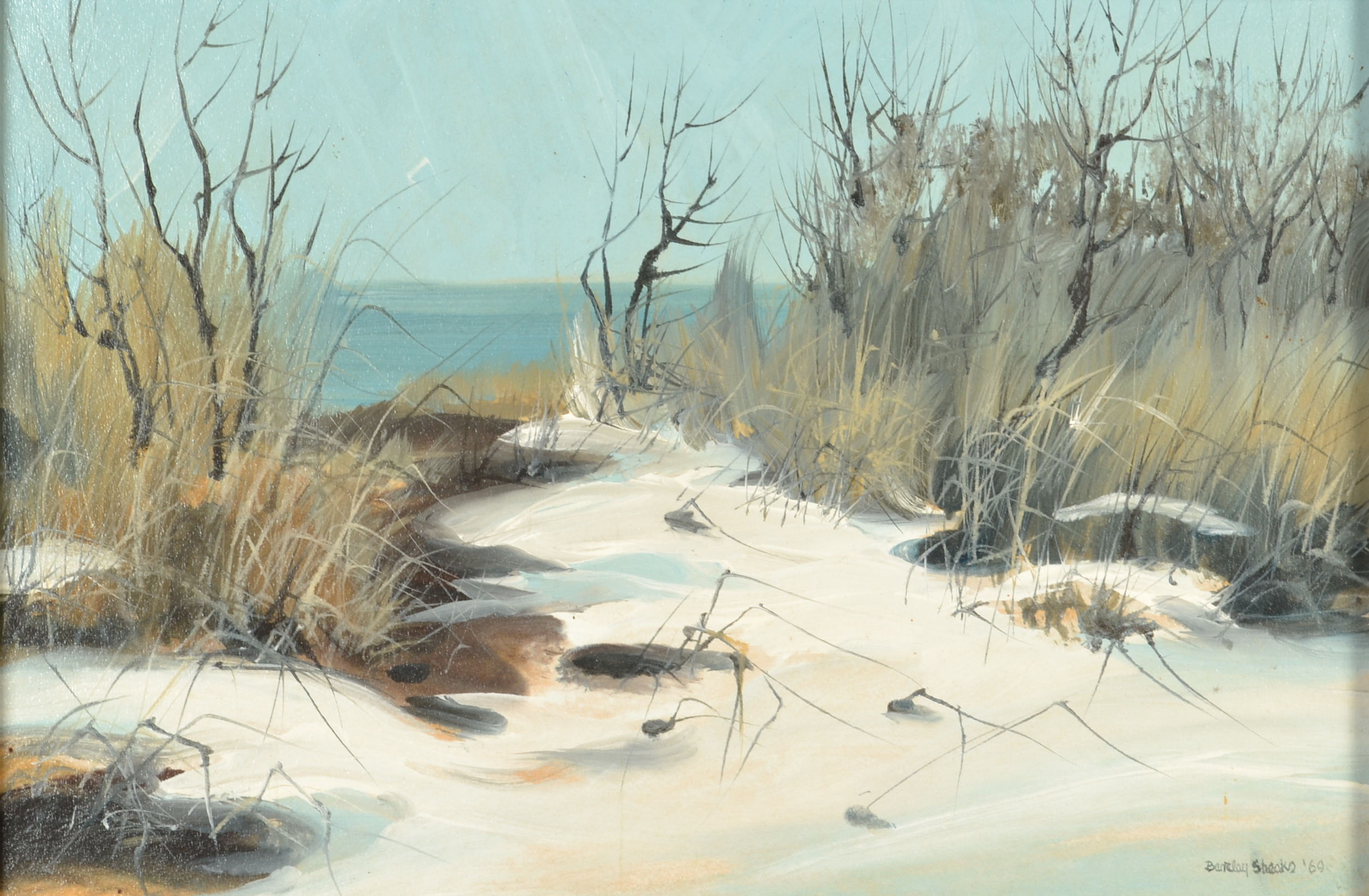 BARCLAY SHEAKS Winter Pathway Acrylic on board Signed and dated '69 Inscribed to the back 30 x