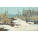 BARCLAY SHEAKS Winter Pathway Acrylic on board Signed and dated '69 Inscribed to the back 30 x