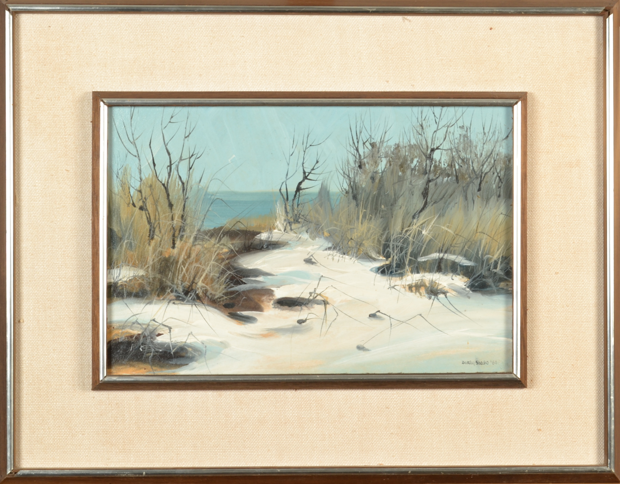 BARCLAY SHEAKS Winter Pathway Acrylic on board Signed and dated '69 Inscribed to the back 30 x - Image 2 of 2