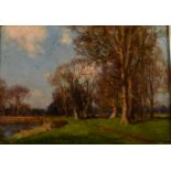 JOHN NOBLE BARLOW Figures beneath riverside trees Oil on canvas Signed 24 x 34.