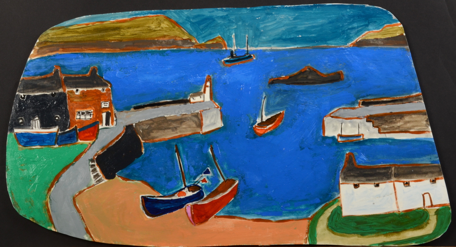 HEATHER BRAY Harbour scene Acrylic on card Signed to the back 23 x 41cm (uneven)