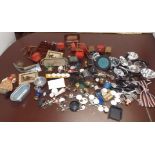 A collection of dolls house items, including chair, table, pots and pans, tea service etc.