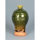 A Ken Matsuzaki Studio Pottery sake flask, with a green lustre glaze, height 15.