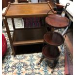 An iron framed three tier mahogany folding cake stand, height 96cm and a plain oak tea trolley,