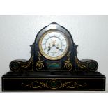 A Victorian black slate and malachite mantel clock, height 34cm, width 50cm.