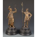 A pair of gilt spelter figures, late 19th century, of male and female warriors,