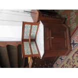 A late Victorian or Edwardian satin walnut marble topped corner washstand,