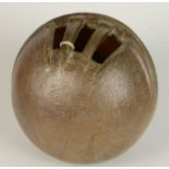 A studio pottery circular vase of modernist design, the top with three pierced rectangular sections,