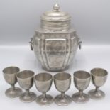 A Chinese Changsha pewter octagonal bodied tea caddy and cover with six en-suite goblet styled cups,