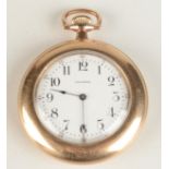 A Waltham small gold cased pocket watch with open face and keyless movement.