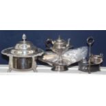 A large silver plated circular tureen, height 26cm, a twin handled tray, length 55cm, a teapot etc.