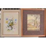 A watercolour of flowers signed Mary Brown and an oil on board of a country scene by Ross Rowland,