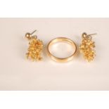 A 22ct gold band, 4.2g, together with a pair of earrings apparently high purity native gold, 7.5g.