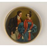 A miniature late Georgian brass box painted with a fashionable couple, diameter 4.3cm.