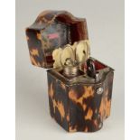A George III tortoiseshell veneered etui in the form of a knife box decorated with silver 'pin