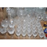 A large selection of cut glass, including a Tyrone Crystal sweet jar, one cut glass decanter,