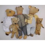 Five various teddy bears in love worn condition, the larger 21" long.