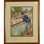 A watercolour by Ernest Prater of a college boat race, signed, 35 x 26cm.