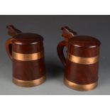 A pair of treen metal bound tankards, 20th century, height 15cm.