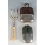 Two silver plated and leather hip flasks and a plated fork.