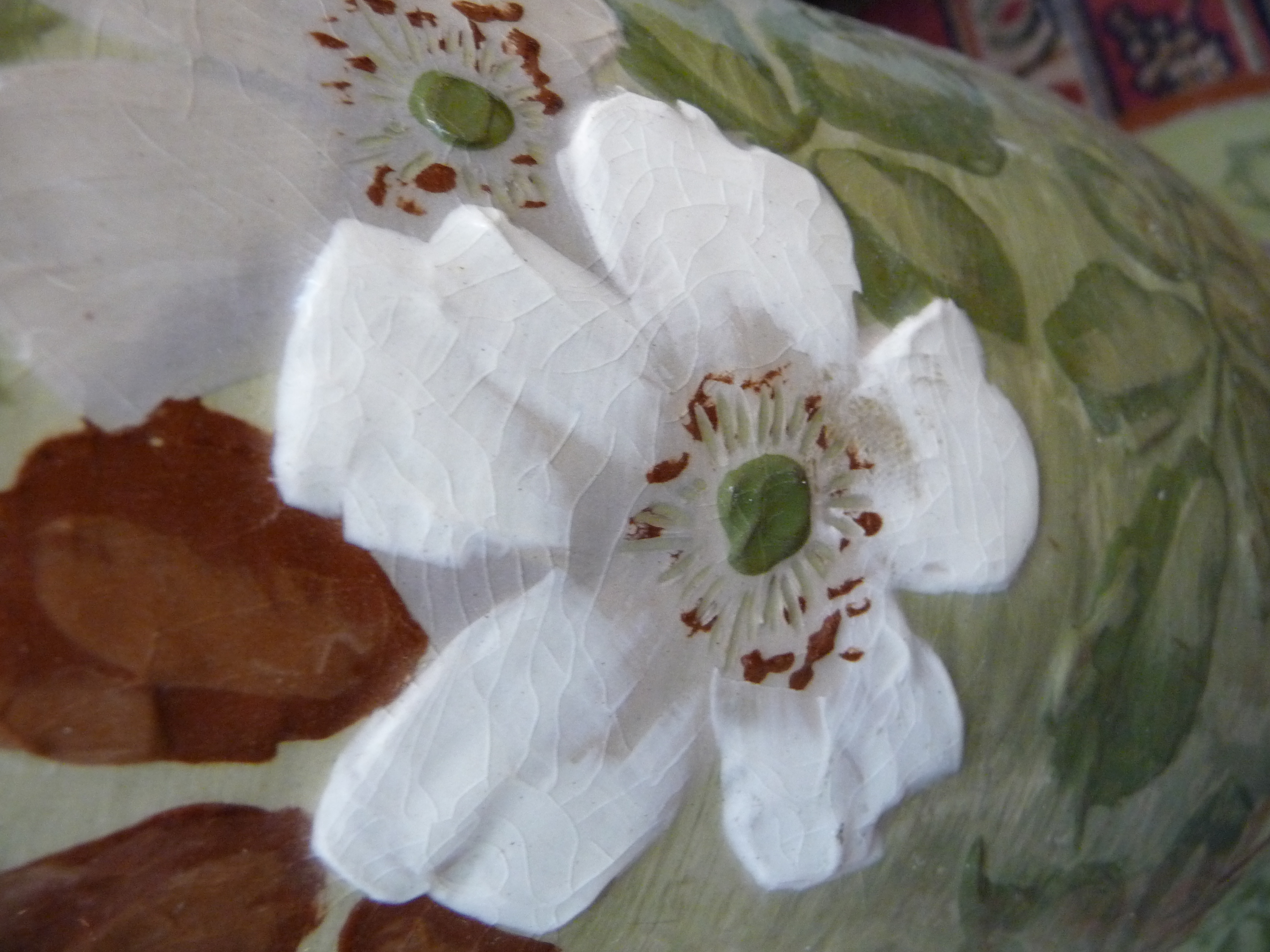 An Art Nouveau Langley Ware pottery jardiniere on pedestal, decorated with coal tits and wild roses, - Image 4 of 7