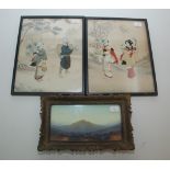 A pair of Japanese watercolours, early 20th century, each with raised fabric figures,