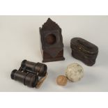 An early 20th century mahogany watch stand, height 15cm, two pairs of opera glasses,