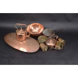 Two copper kettles, two cottage jacks, two copper saucepans a foot warmer etc.
