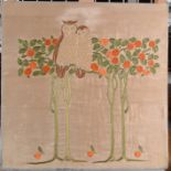 An embroidery panel depicting owls in orange trees. 53 x 53cm.