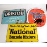 Three enamel signs advertising National Benzole Mixture. Bristol Tipped Cigarettes and Badger Beer.