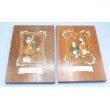 A pair of rosewood inlaid wall plaques, depicting an eastern couple,