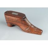 A George III treen shoe snuff box, with brass pin work decoration,