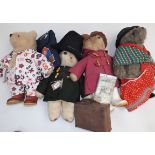 Three Paddington Bear soft plush toys and a similar Aunt Lucy, the four lack some clothing etc.