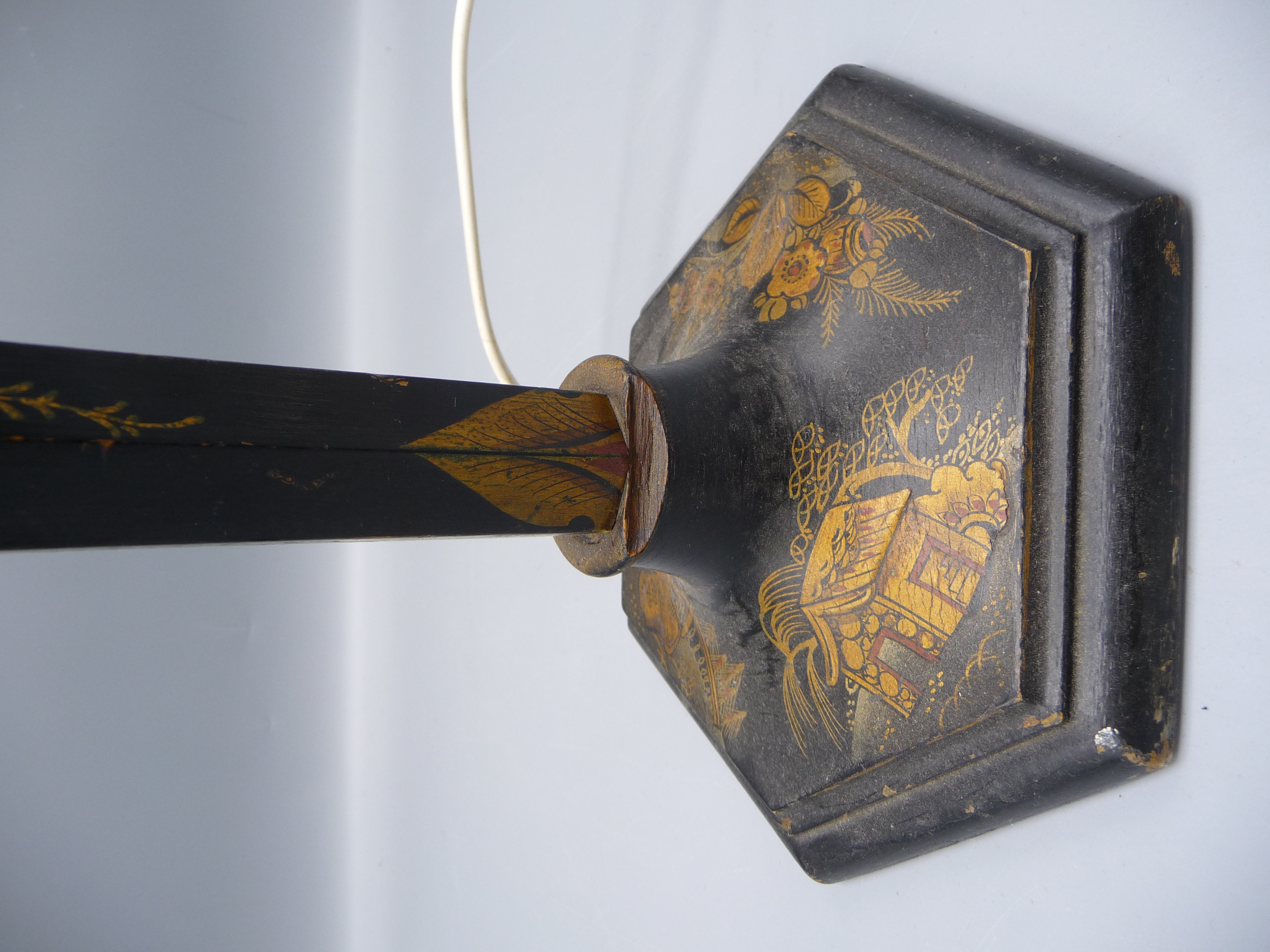 A black chinoiserie lacquered table lamp, decorated with gilt floral sprays, height 67cm. - Image 2 of 5