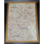 A Chinese silk embroidery, decorated with figures, birds and foliage, framed and glazed,