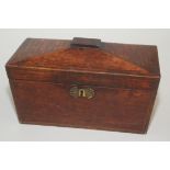 A Georgian mahogany and inlaid sarcophagus shaped tea caddy,