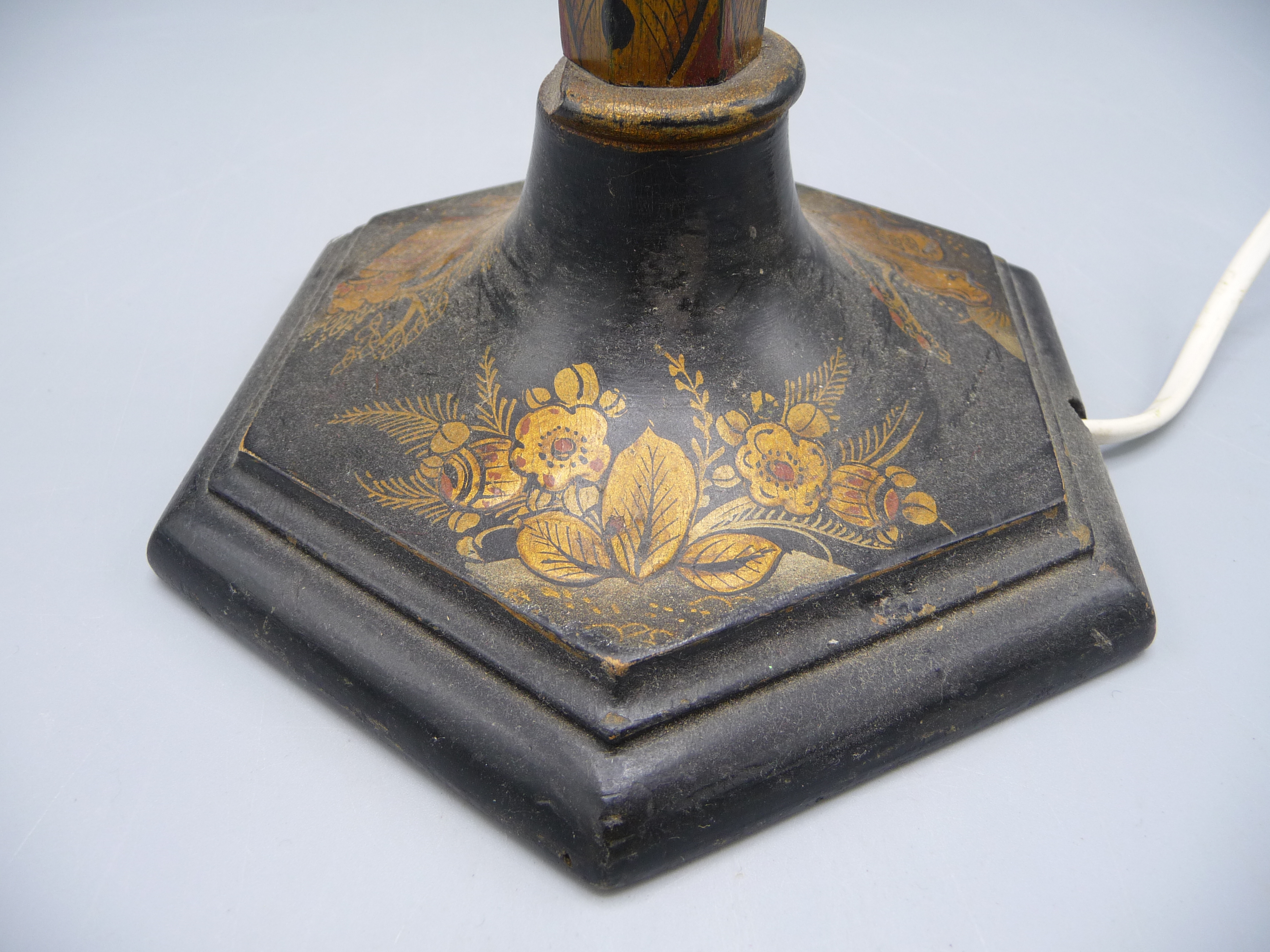 A black chinoiserie lacquered table lamp, decorated with gilt floral sprays, height 67cm. - Image 5 of 5