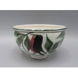 A Laurence McGowan bowl, decorated with robins perched on a leafy branch, height 7.5cm, diameter 12.