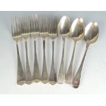 Five 19th century Old English pattern silver dessert forks and three silver Georgian dessert spoons.