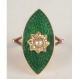 A Victorian gold ring with a pearl and diamond flower head cluster set on a green basse-taille