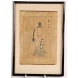 A Chinese painting on linen of a gentleman in a robe, character marks, framed and glazed,