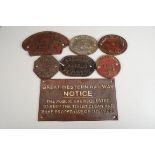 Six cast iron railway repair wagon plates 1952 to 1978 together with a "Stenner's Tiverton Patent"