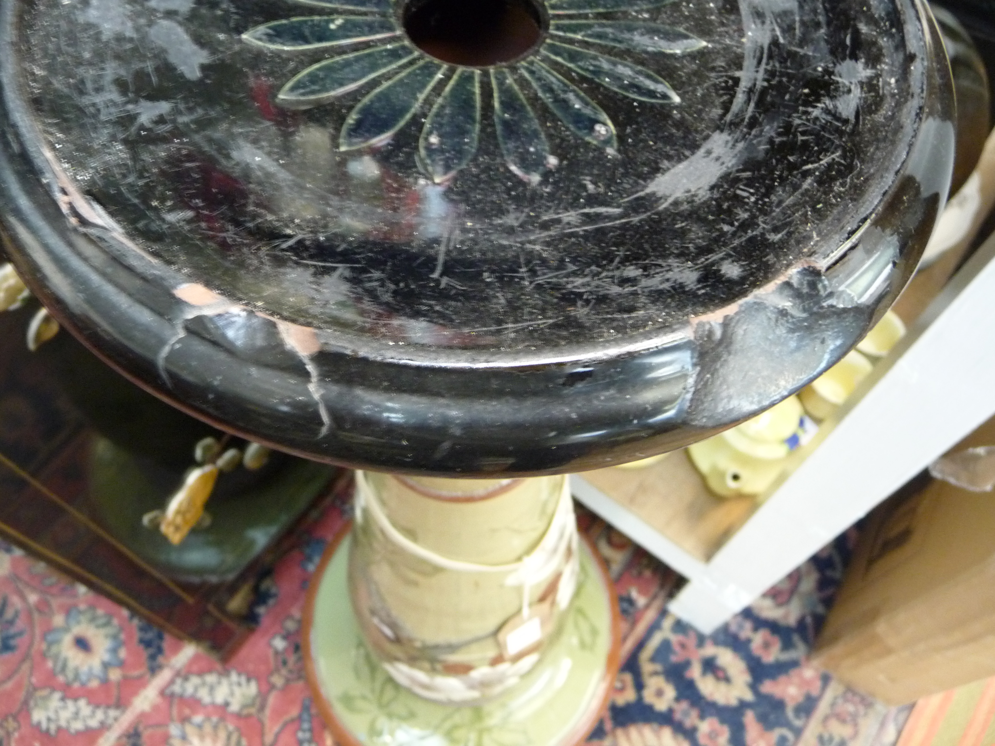 An Art Nouveau Langley Ware pottery jardiniere on pedestal, decorated with coal tits and wild roses, - Image 3 of 7