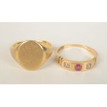 A Victorian 18ct gold ring set with diamonds and a ruby together with a gold signet ring.