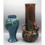 A Barum Barnstaple Pottery vase the brown and green glazed body with three shaped handles,