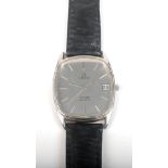 A gentleman's Omega De Ville Quartz rectangular date wristwatch.