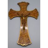 A birds eye maple and brass inlaid crucifix, early 20th century, with gilt corpus christi,