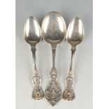 A Scandinavian ornate silver spoon, and a pair of Scottish Queens pattern silver teaspoons.